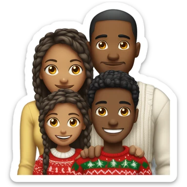 Black family of four members with Dad, Mom, Son, and Daughter. The Son and Daughter are teenagers. The Mom has braids. The Dad is light skinned.All family members are wearing Christmas sweaters and Santa hats.  sticker