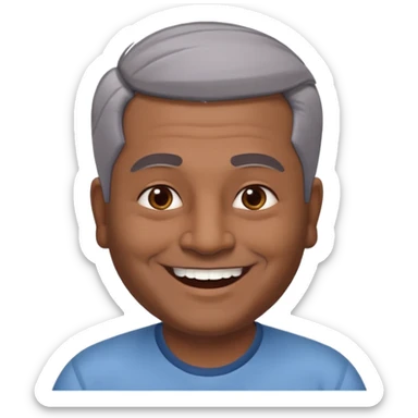 50 yr old indian man, dark skin, grey hair, big smile, white teeth, chubby, no moustache, clean shaven, young style hair, hair brushed back, 5 oclock shadow sticker