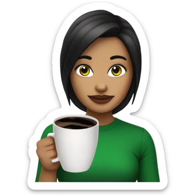 Una chica blanca con cabello negro, ojos verdes, y una taza de café negro en sus manos  sticker