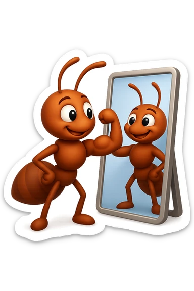 EMOJI STILE IPHONE 3D DI una formica che si guarda allo specchio felice e sicura di sè mentre contrae il suo bicipite muscoloso, fagli anche la parte bianca degli OCCHI, non solo la pupilla sticker