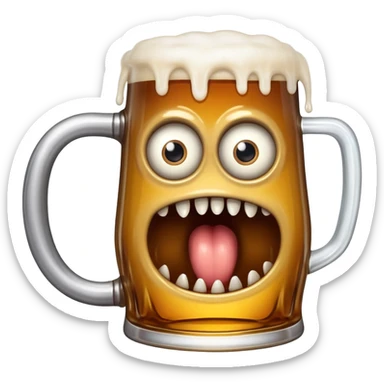 A wobbly beer tankard with eyes and teeth like a mimic monster, overflowing with beer sticker