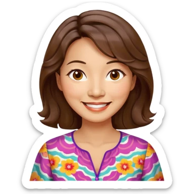 Chinese woman 48 years old, cheerful lively expression, wavy shoulder-length hair dyed brown, brown eyes, colorful printed blouse sticker