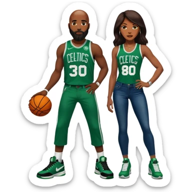 48-year-old dark skin black woman with brown eyes, long dark brown hair dressed in sexy Boston 
celtics outfit & wearing stilettos. Man: White and bald with orange beard & facial hair. He has blue eyes, is wearing a Jason Tatum Boston Celtics Jersey, jeans & green Nike sneakers  sticker
