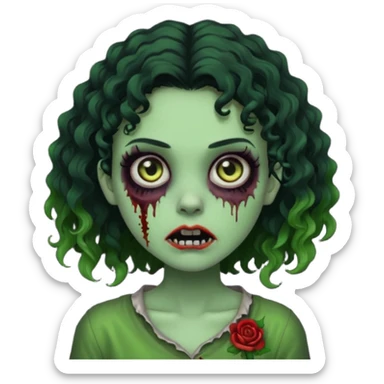 uma garota zumbi assustadora da pele verde e com cabelo 3b cacheado repartido ao meio preto curto ate o ombro sticker