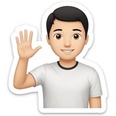 joven trigueño corte de pelo muy cortito polera blanca sonrisa bonita saludando mano arriba sticker
