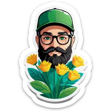 A bold man with a grey baseball cap, green eyes, big beard and glasses, holding flowers sticker