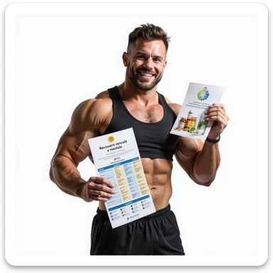 hyper realistic bodybuilder in sportswear showing a PCT chart and a brochure with Italian text 'Recupero sessuale e mentale', supplements, water and wellness symbol next to him, positive atmosphere, Italian caption 'PCT: salute ritrovata', isolated on white background sticker