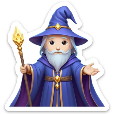 Clash of Clans aesthetic: Cinematic heroic powerful Wizard Hero Emoji, rendered in a 3D vector-style similar to standard emojis with minimal shading and bold, simplified shapes. A compact, isometric figure draped in flowing enchanted robes and wielding a mystical staff, softly glowing with an arcane magical charm. Simplified yet unmistakably iconic, highly detailed and consistent, glowing with a soft radiant glow and high shine. Stylized with a touch of whimsical sorcery and a soft glowing outline, capturing the essence of a powerful wizard ready to cast spells with a friendly, playful spirit! sticker