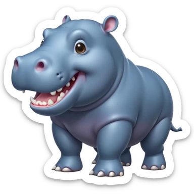 cinematic-hippo-realistic-full-body-side-view-standing-on-all-fours-emoji,-massive-round-frame,-wide-mouthed-grin-exposing-huge-teeth,-head-tilted-dramatically,-thick-greyish blue-hide-glossy, big cute eyes sticker