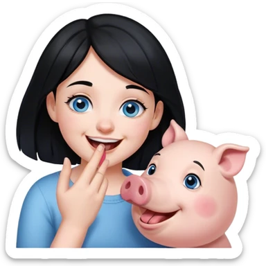  girl with blue eyes and black hair laughing at her pig trying to kiss her  sticker