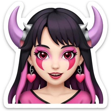 succubus,-pink-irises,-heart-pupils,-black-shaggy-hair,-straight-across-fringe,-grey-skin,-white-horns-curving-towards-forehead,-succubus-horns,-flirty-smile,-full-lips,-black-lips,-cute-fangs sticker