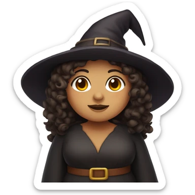 chubby hispanic witch with curly brown hair, tan skin, robes, and a witch's hat sticker