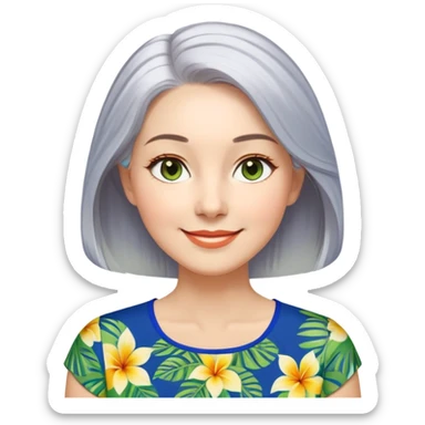 A woman with light complexion, oval face with soft rounded features, full cheeks, gentle almond-shaped eyes with subtle smile lines, longer back length silver-gray hair parted to the side, wearing a vibrant short-sleeved blouse with tropical print in blue, green, and yellow, exuding warmth and joy. sticker