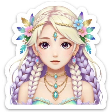 Beautiful gorgeous anime lady with beautiful iridescent-white-braided-hair, fashion aesthetic, ethereal, fairycore, pastelcore, feathers, flowers, gems, accessories, jewelries, gold, colorful sticker