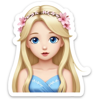 Girl with long blond hair and sakura accessories on her hair with a long tailed dress and have blue eyes beautiful finish and she sending lovely kisses  sticker