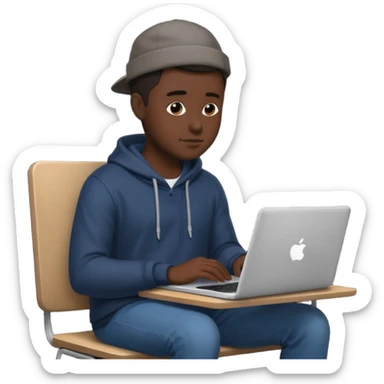 its a black colored man sitting working on a laptop with no face  sticker