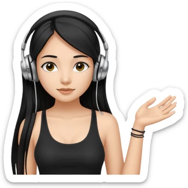 a fair INDIAN girl with straight black long hair, wearing a black cami top. and wearing silver  headphones on sticker
