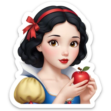 Cinematic Realistic Snow White Portrait, depicted with lifelike skin texture, soft natural lighting, and intricately detailed black hair styled with a red ribbon. Her soft brown eyes radiate innocence and kindness, complemented by a warm, gentle smile. She holds an apple in one hand, her other hand resting against her cheek, embodying her purity and charm. She is dressed in her classic yellow, blue, and red gown, the fabric rich in texture with delicate folds that catch the light beautifully. The portrait features a soft, natural glow with a radiant finish, capturing the essence of timeless beauty in a realistic and painterly style. sticker