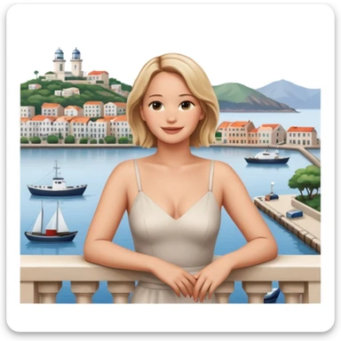 jennifer lawrence, leaning on a balcony with a harbor and cityscape in the background, smiling, closeup portrait  sticker