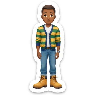 Handsome Black guy with brown skin tone, with lean muscular build, wearing baggy blue jeans, a white v-neck t-shirt, a yellow and green striped cardigan sweater, and timberland boots  sticker
