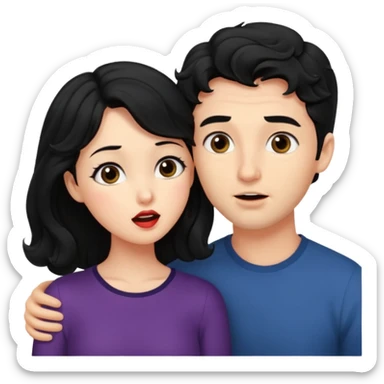 a handsome man with black short wavy hair tries to kiss a cute woman who has long black hair sticker