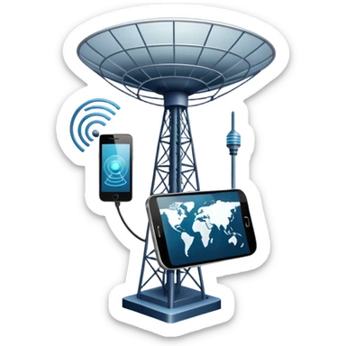 An icon featuring a satellite dish, a cell tower emitting signals, and a smartphone displaying a chat interface. The design includes fiber-optic cables and data waves, symbolizing global communication, connectivity, and information exchange. Transparent background. sticker