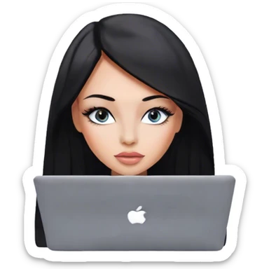 Glamours, tanned, very beautiful girl, with big pump peach-beige-rose lips, eyeliner, long long lashes, black straight smooth silky long hair, straight parting hair, blue-grey eyes with macbook sticker
