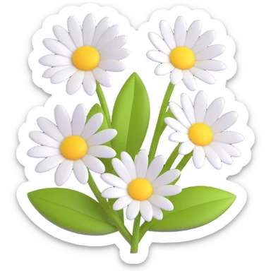 3D iOS style emoji of a bouquet of three cartoon daisies with white petals and yellow centers, green leaves, shiny and smooth, soft shadows, vibrant and friendly look, inspired by Apple emoji aesthetics sticker