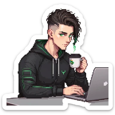 male with dark hair, high fade haircut, high slick back hairstyle, green eyes, wearing a black tracksuit, coding on black laptop, drinking coffee sticker