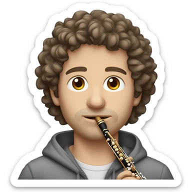 Caucasian man grey zipped hoodie brown hair bit curly brown eyes. he is playing the flute. sticker