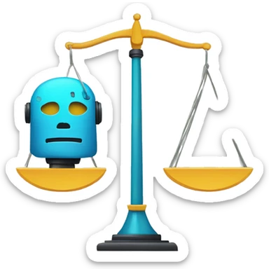 a balance of justice with a robot head in one side and a school on the other side sticker