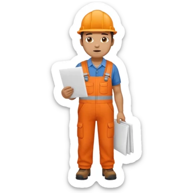 railway engineer full body in orange overalls, carrying a piece of paper in front of him sticker