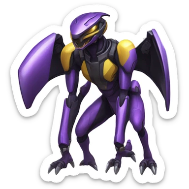 a shiny black-purple-yellow Genesect-Raptor-Fakémon—hybrid with a futuristic visor-helmet full bod sticker