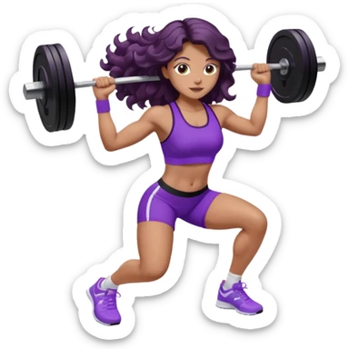 mujer de tez trigueña, con cabello castaño oscuro ondulado hasta la cadera estilizado, con ropa deportiva morada/lila, tenis blancos deportivos y levantando una pesa sticker