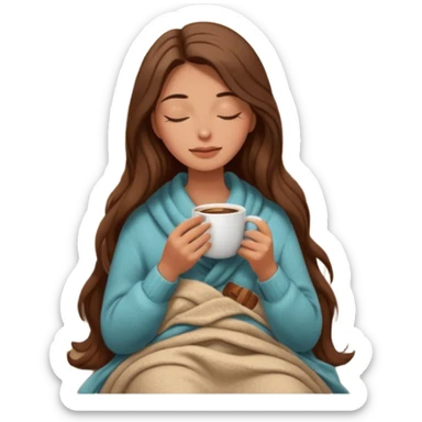 long brown hair woman closed eyes covered with cozy wool beige blanket, holding cup of coffee, autumn mood sticker