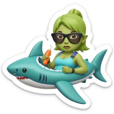 orc female sitting in an inflatable floatie shaped like a shark, wearing oversized sunglasses and a whistle on a neck cord sticker