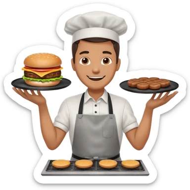 A cheerful man in an apron flipping burgers on a sizzling grill with smoke puffing upward. sticker