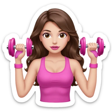girl with long wavy brown hair, brown eyes, long lashes makeup, sexy pink lips, light to medium complexion, wearing a pink sexy top, lifting a pink dumbells sticker