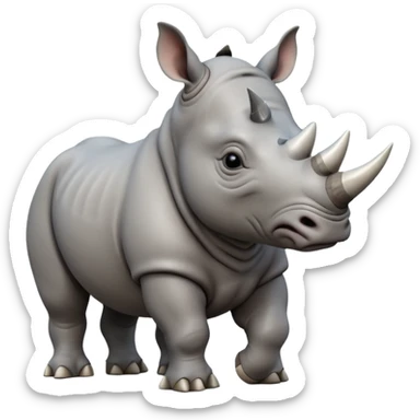 A big 3D cartoon rhino standing on dry ground, thick gray skin, small horn on nose, kind expression, bright daylight and soft shadows, Memoji-style. sticker