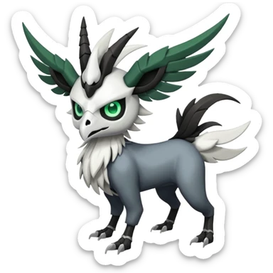 Shiny Black Grey White and Dark-Green Trico-Skarmory-Silvally-Skiddo-Sprigatito-Absol-fusion (full body) with and edgy white horned skull mask face sticker