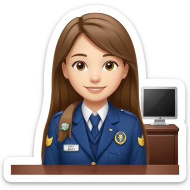 Young girl, long brown straight hair, wearing uniform jacket with hotel name badge, tasteful scarf, stand behind the desk

 sticker