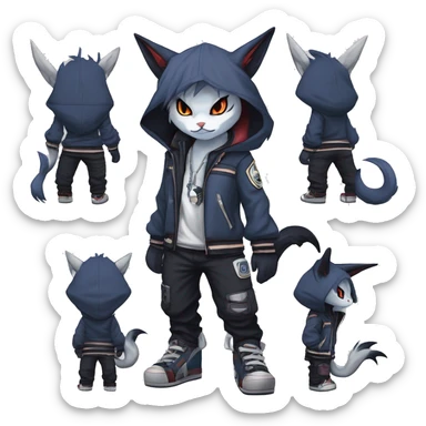 Cool Anthro Chibi Absol-Noivern-Litten-Lynx-Pokémon with edgy stripes hoodie spiked collar punk techwear Cargo Pants Full Body sticker