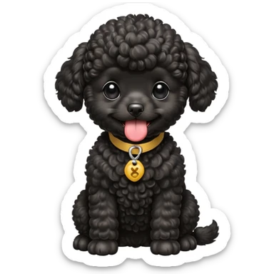 A high-resolution square-format digital illustration of a black toy poodle puppy in a clean, emoji-inspired semi-realistic style. The poodle is shown from the chest up, facing forward with a slight tilt of the head to the left, tongue out playfully. sticker
