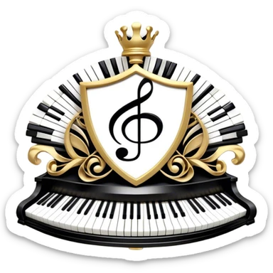 Create an elegant and festive emoji collage representing keyboard instruments, styled like a heraldic emblem. The design should feature a central focal point of black and white piano keys, arranged in a semi-circular or shield-like shape. Around the piano keys, add intertwining musical notes that form flowing ribbons, creating a dynamic and celebratory atmosphere. The design should be professional, with polished silver and gold accents on the keys and notes, highlighting the luxury and sophistication of the instruments. Add subtle shading and lighting effects to give the design a refined, 3D appearance. The background should remain transparent, and the overall feel should evoke grandeur, artistry, and a sense of celebration. sticker