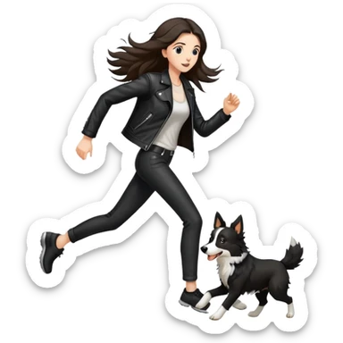 A beautiful tall girl with fair skin and long hair wearing a black leather jacket and black pants running with a Border Collie sticker