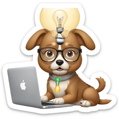 Like a cartoon (make it an intelligent dog with glasses) working with a computer (macbook, showing the apple logo) thinking and a light bulb above his head while he thinks sticker