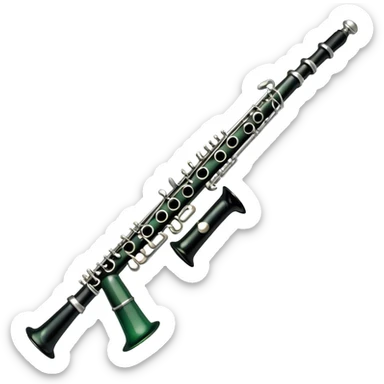 Create an elegant and refined emoji representing A clarinet. The design should showcase the sleek, black wood finish of the clarinet with its shiny metal keys and elegant detailing. Include the distinct, high-quality features, such as the unique greenish tint of the wood, giving it a modern and sophisticated look. Add subtle elements like the mouthpiece with the reed, emphasizing its importance in sound production. Use dark tones like ebony, silver for the keys, and soft light reflections to evoke a professional, classical feel. The background should be transparent. sticker