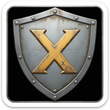 a battle worn steel shield with engraved text "XXX", the text should be prominent and in the center of the shield sticker