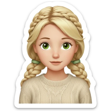 dirty blonde hazel/green eyes woman with a white cable knit sweater and one braid down her back  with tendrils of hair flowing down her face and she is happy pale, some freckles, blush. she has a cateye wing and long lashes sticker