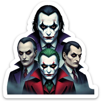 Thriller Movie Icon: A dark, intense collage with close-up images of iconic thriller characters like Joker, Hannibal Lecter, and Vlad Dracula. The background features a moody Gotham City skyline, with shadowy figures and fog. Atmospheric, suspenseful tone. Transparent background. sticker